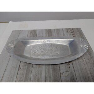 Vintage Aluminum Hammered Rose Floral Serving Tray Fan Edge 13 1/4"